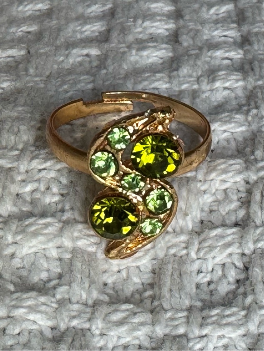 Olive and Lime Green Crystal Ring Adjustable Gold Tone
